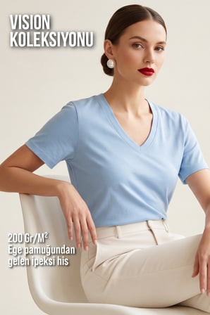 Kadın Vision V Yaka Premium Kalite Yoğun Dokulu Pamuklu T-Shirt Açık Mavi W102-R0220-04