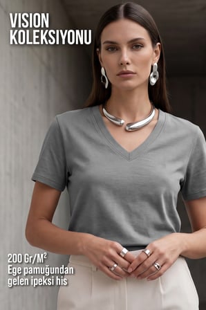 Kadın Vision V Yaka Premium Kalite Yoğun Dokulu Pamuklu T-Shirt Koyu Gri W102-R0220-05