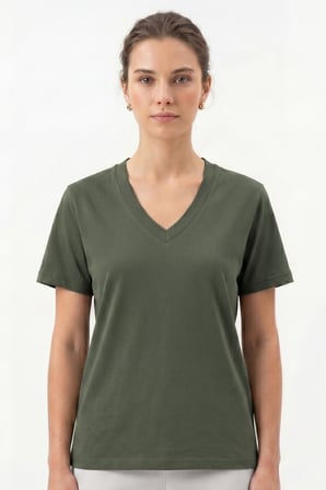 Kadın Vision V Yaka Premium Kalite Yoğun Dokulu Pamuklu T-Shirt Haki W102-R0220-06
