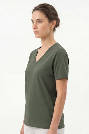 Kadın Vision V Yaka Premium Kalite Yoğun Dokulu Pamuklu T-Shirt Haki W102-R0220-06