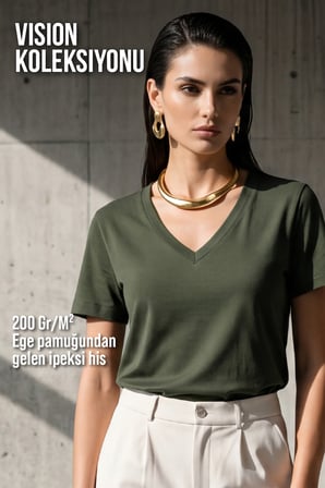 Kadın Vision V Yaka Premium Kalite Yoğun Dokulu Pamuklu T-Shirt Haki W102-R0220-06