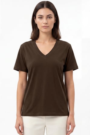 Kadın Vision V Yaka Premium Kalite Yoğun Dokulu Pamuklu T-Shirt Kahverengi W102-R0220-07