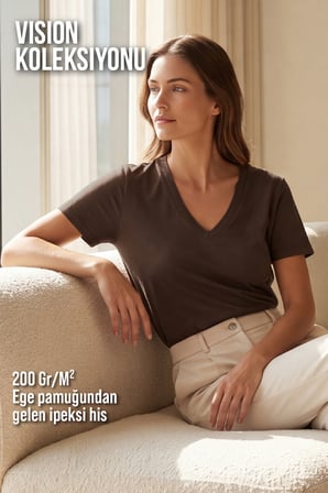 Kadın Vision V Yaka Premium Kalite Yoğun Dokulu Pamuklu T-Shirt Kahverengi W102-R0220-07