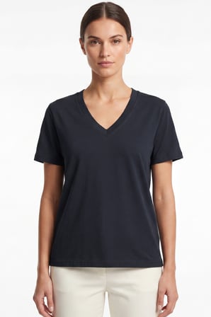 Kadın Vision V Yaka Premium Kalite Yoğun Dokulu Pamuklu T-Shirt Lacivert W102-R0220-08