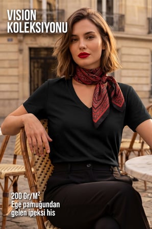 Kadın Vision V Yaka Premium Kalite Yoğun Dokulu Pamuklu T-Shirt Siyah W102-R0220-09