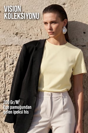 Kadın Vision Bisiklet Yaka Premium Kalite Yoğun Dokulu Pamuklu T-Shirt Sarı W101-R0220-03
