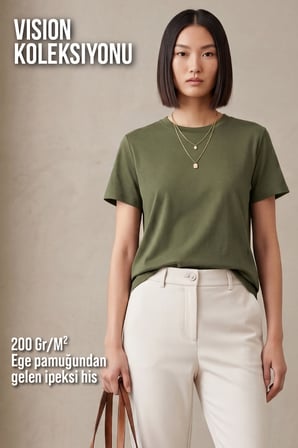 Kadın Vision Bisiklet Yaka Premium Kalite Yoğun Dokulu Pamuklu T-Shirt Haki W101-R0220-05