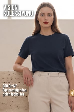 Kadın Vision Bisiklet Yaka Premium Kalite Yoğun Dokulu Pamuklu T-Shirt Lacivert W101-R0220-07