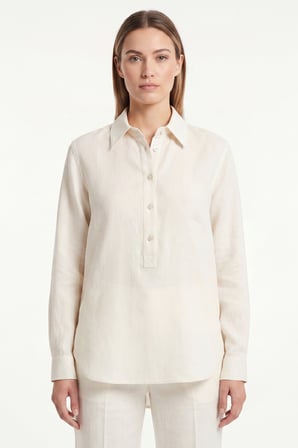 Kadın Solo %100 Doğal Keten Gömlek -- Klasik Yaka Basic Minimalist Tasarım Ekru W208-K0401-01
