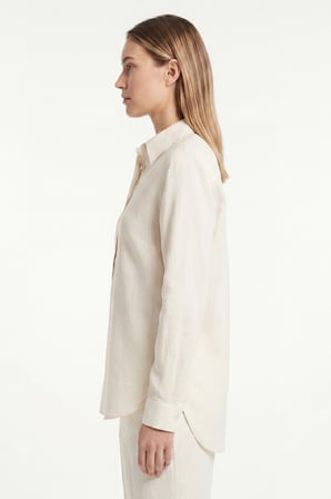 Kadın Solo %100 Doğal Keten Gömlek -- Klasik Yaka Basic Minimalist Tasarım Ekru W208-K0401-01