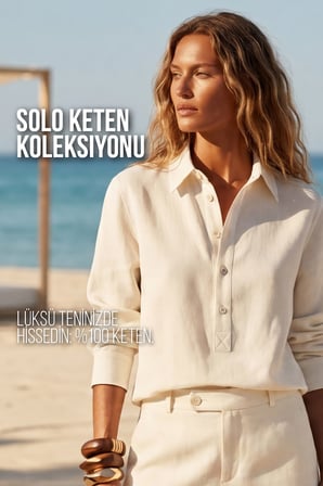 Kadın Solo %100 Doğal Keten Gömlek -- Klasik Yaka Basic Minimalist Tasarım Ekru W208-K0401-01