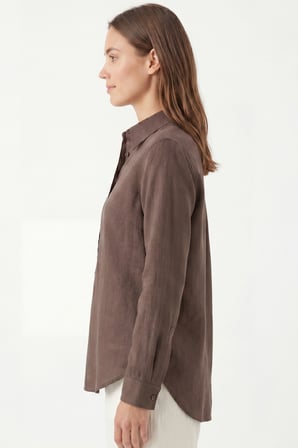 Kadın Solo %100 Doğal Keten Gömlek - Klasik Yaka Basic Minimalist Tasarım Kahverengi W208-K0401-02