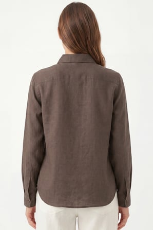 Kadın Solo %100 Doğal Keten Gömlek - Klasik Yaka Basic Minimalist Tasarım Kahverengi W208-K0401-02
