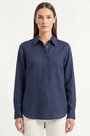 Kadın Solo %100 Doğal Keten Gömlek -- Klasik Yaka Basic Minimalist Tasarım Lacivert W208-K0401-03