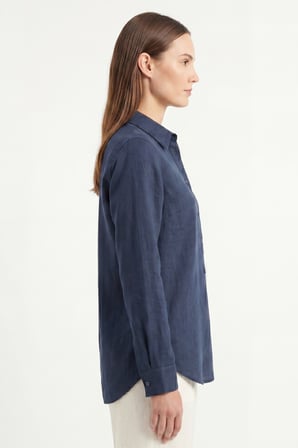 Kadın Solo %100 Doğal Keten Gömlek -- Klasik Yaka Basic Minimalist Tasarım Lacivert W208-K0401-03