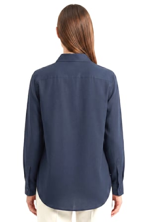Kadın Solo %100 Doğal Keten Gömlek -- Klasik Yaka Basic Minimalist Tasarım Lacivert W208-K0401-03