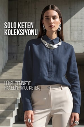 Kadın Solo %100 Doğal Keten Gömlek -- Klasik Yaka Basic Minimalist Tasarım Lacivert W208-K0401-03