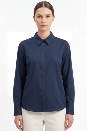 Kadın Pure 50/1 Kompakt Pamuk Likralı Gömlek - Pürüzsüz Doku Minimalist Klasik Kesim Lacivert W205-K0304-02