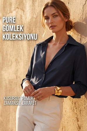 Kadın Pure 50/1 Kompakt Pamuk Likralı Gömlek - Pürüzsüz Doku Minimalist Klasik Kesim Lacivert W205-K0304-02
