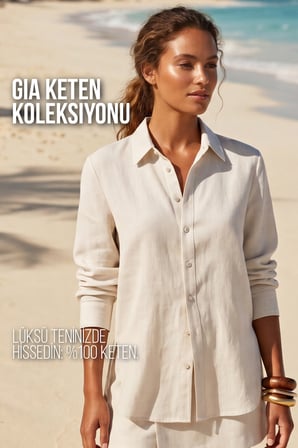 kadın gia  keten gömlek - klasik yaka basic minimalist tasarım ekru w207-k0401-01