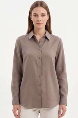 kadın gia  keten gömlek - klasik yaka basic minimalist tasarım kahverengi w207-k0401-02