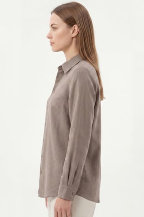 kadın gia  keten gömlek - klasik yaka basic minimalist tasarım kahverengi w207-k0401-02
