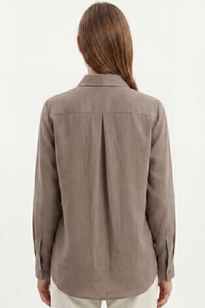 kadın gia  keten gömlek - klasik yaka basic minimalist tasarım kahverengi w207-k0401-02