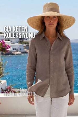 kadın gia  keten gömlek - klasik yaka basic minimalist tasarım kahverengi w207-k0401-02
