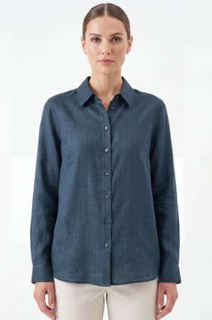 kadın gia  keten gömlek - klasik yaka basic minimalist tasarım lacivert w207-k0401-03
