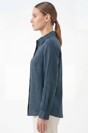 kadın gia  keten gömlek - klasik yaka basic minimalist tasarım lacivert w207-k0401-03
