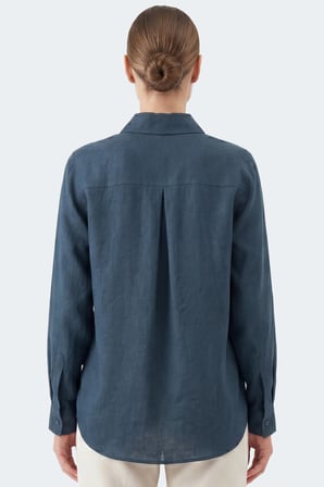 kadın gia  keten gömlek - klasik yaka basic minimalist tasarım lacivert w207-k0401-03