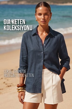kadın gia  keten gömlek - klasik yaka basic minimalist tasarım lacivert w207-k0401-03