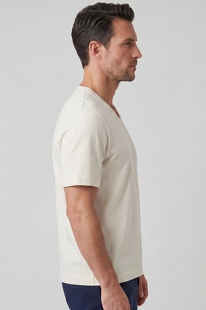 Erkek Vision V Yaka Premium Kalite Yoğun Dokulu Pamuklu T-Shirt Krem M102-R0220-02