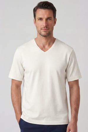 Erkek Vision V Yaka Premium Kalite Yoğun Dokulu Pamuklu T-Shirt Krem M102-R0220-02