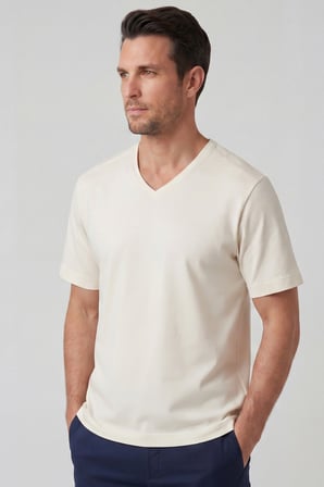 Erkek Vision V Yaka Premium Kalite Yoğun Dokulu Pamuklu T-Shirt Krem M102-R0220-02