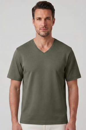 Erkek Vision V Yaka Premium Kalite Yoğun Dokulu Pamuklu T-Shirt Haki M102-R0220-06