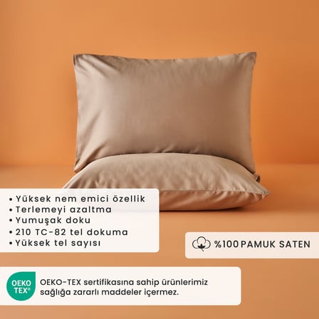 %100 Pamuk Saten Supreme 2'li Yastık Kılıfı Vizon (50x70 cm)
