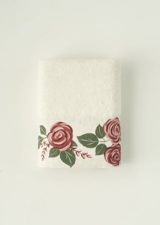 %100 Pamuk Rose Baskılı Yüz Havlusu Krem (50x90 cm)
