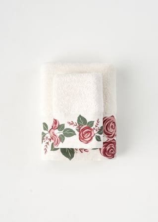 %100 Pamuk Rose Baskılı Yüz Havlusu Krem (50x90 cm)