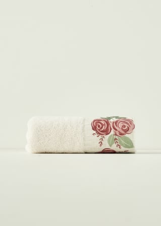 %100 Pamuk Rose Baskılı Yüz Havlusu Krem (50x90 cm)