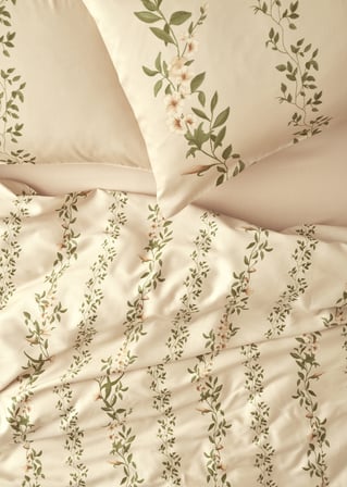 %100 Pamuk Saten Flora Çift Kişilik Nevresim Takımı Bej (200x220 cm)