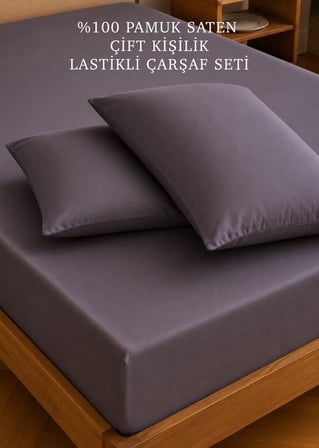 %100 Pamuk Saten Çift Kişilik Lastikli Çarşaf Seti Antrasit (160x200x35 cm)
