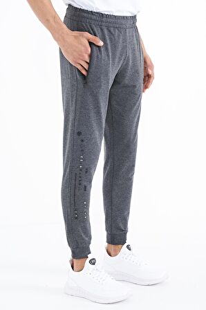 Antrasit Melanj Yazı Nakışlı Standart Kalıp Jogger Erkek Eşofman Alt - 84909 | M