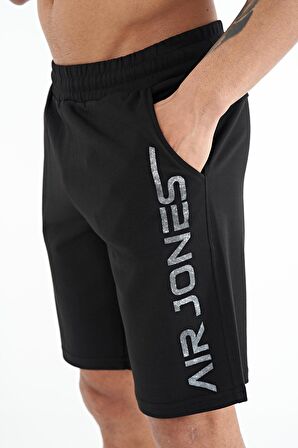 Siyah Yan Baskılı Bağcıklı Standart Kalıp Erkek Şort - 81245 | XL