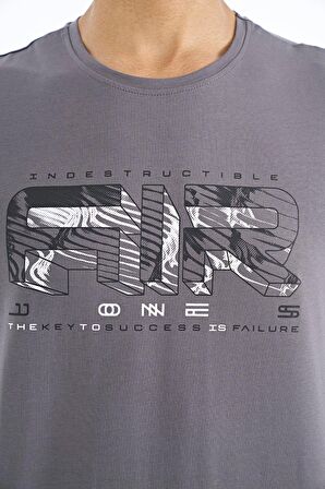 Koyu Gri Yazı Baskılı Standart Kalıp O Yaka Erkek T-Shirt - 88226 | S