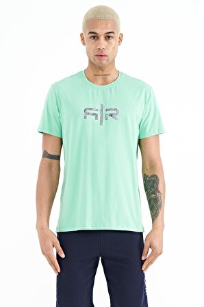 Su Yeşili Yazı Baskılı O Yaka Standart Kalıp Erkek T-Shirt - 88206 | L