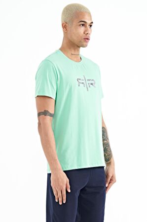 Su Yeşili Yazı Baskılı O Yaka Standart Kalıp Erkek T-Shirt - 88206 | L