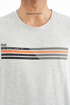Gri Melanj Baskı Detaylı O Yaka Standart Kalıp Erkek T-Shirt - 88229 | L