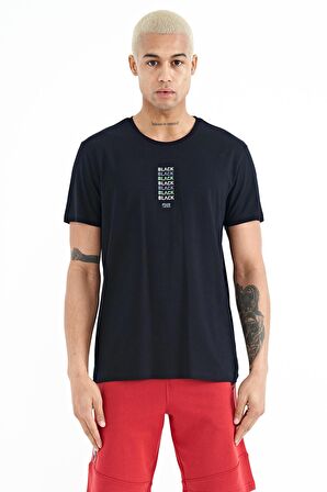 Lacivert Minimal Yazı Baskılı O Yaka Standart Kalıp Erkek T-Shirt - 88227 | M