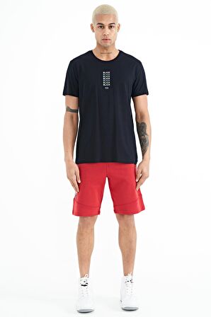 Lacivert Minimal Yazı Baskılı O Yaka Standart Kalıp Erkek T-Shirt - 88227 | M